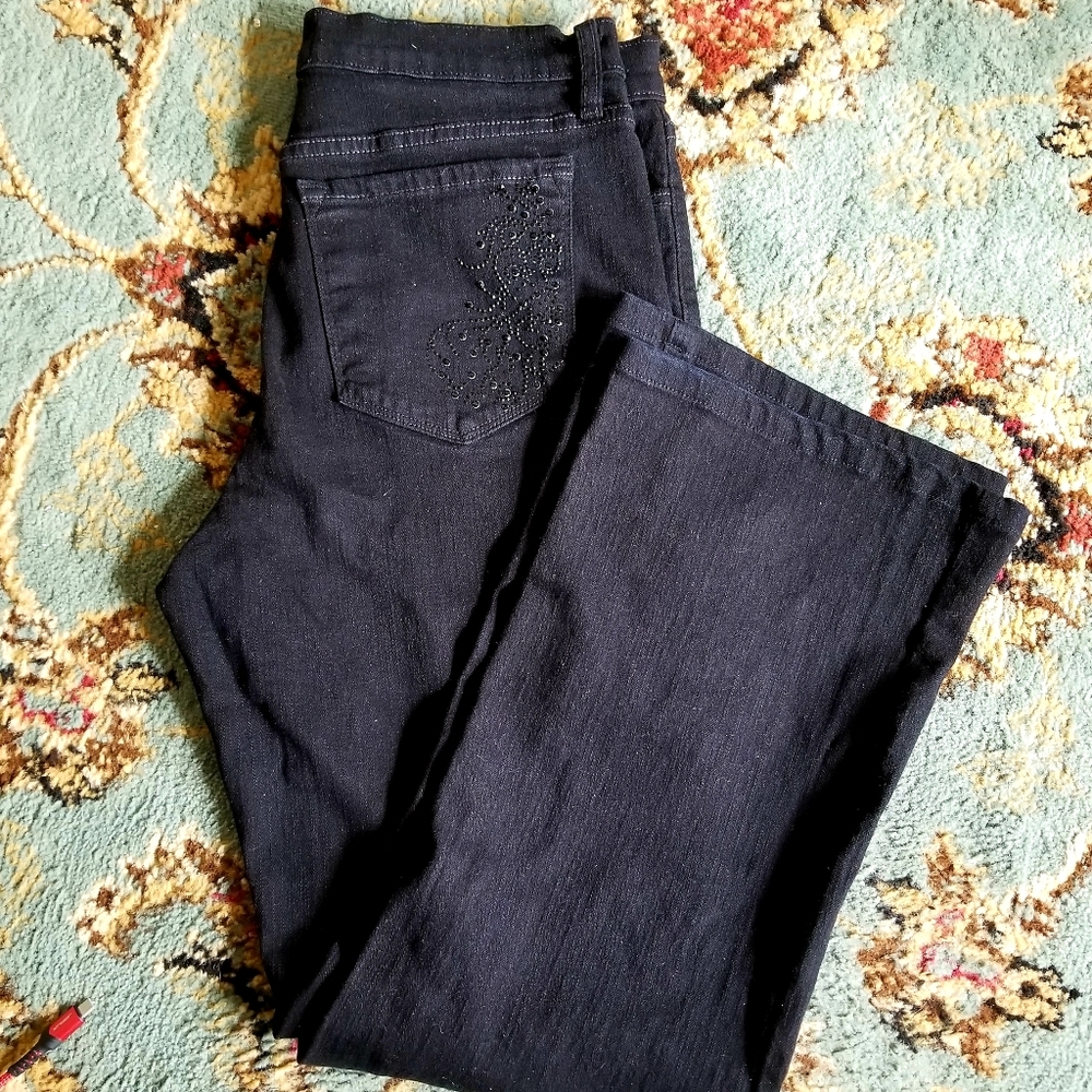 NYDJ Black Jeans With Bling Pockets Boot Cut Size 12 Waist 31"